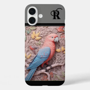 Modern 3D parrot and flowers monogramed  iPhone 16 Plus Case