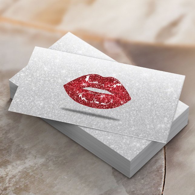 Modern 3D Red Lips Silver Glitter Makeup Artist Business Card (Creator Uploaded)