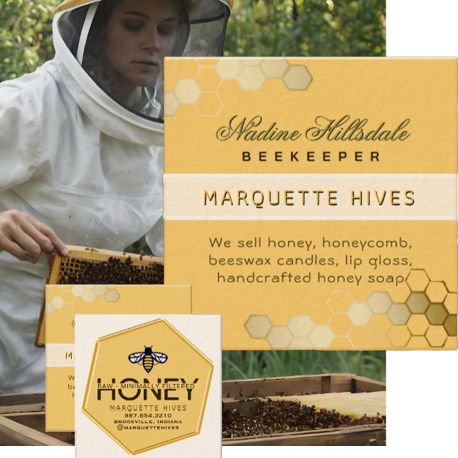 Modern 3D Yellow Hexagon Stylised Bee Honey Ivory Square Business Card (Creator Uploaded)