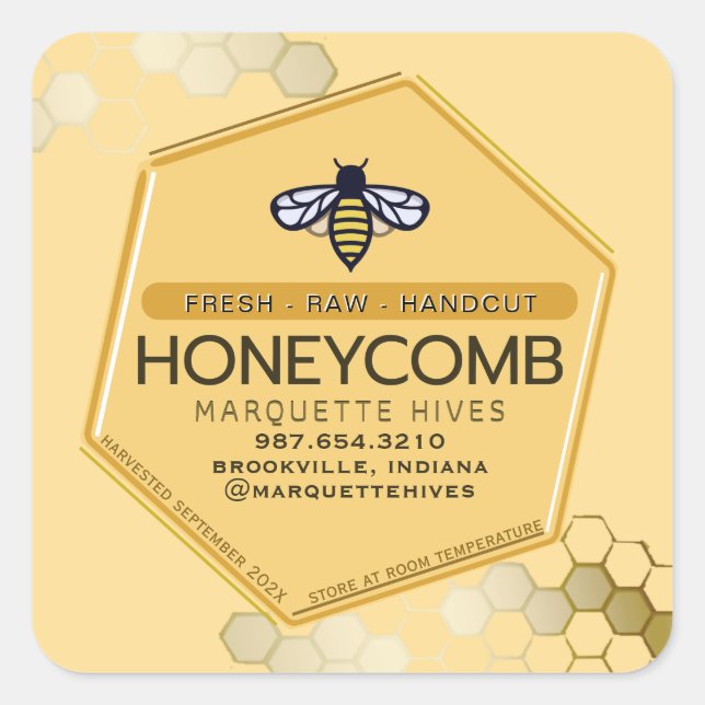 Modern 3D Yellow Hexagon Stylised Bee Honeycomb Square Sticker (Front)