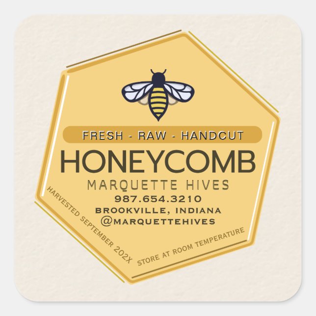Modern 3D Yellow Hexagon Stylised Bee Honeycomb Square Sticker (Front)
