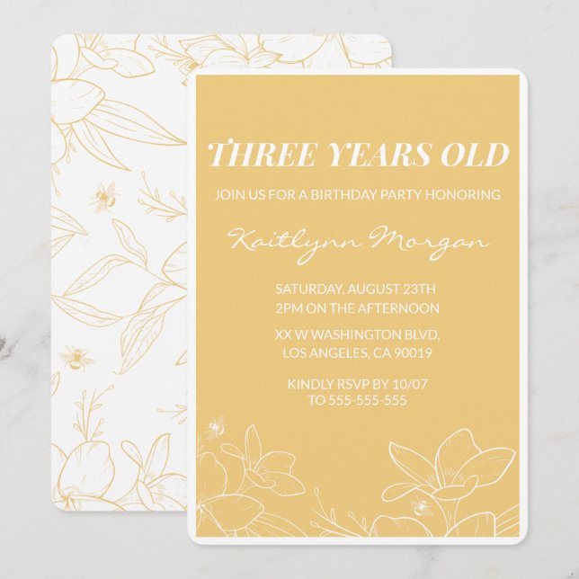Modern 3rd birthday invitations Floral Yellow (Front/Back)