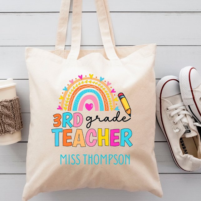 Modern 3rd Grade Rainbow Teacher  Personalised Tote Bag (Creator Uploaded)