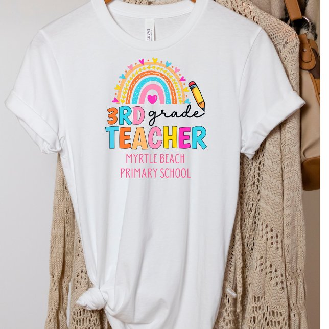 Modern 3rd Grade Rainbow Teacher  School Name   T-Shirt (Creator Uploaded)