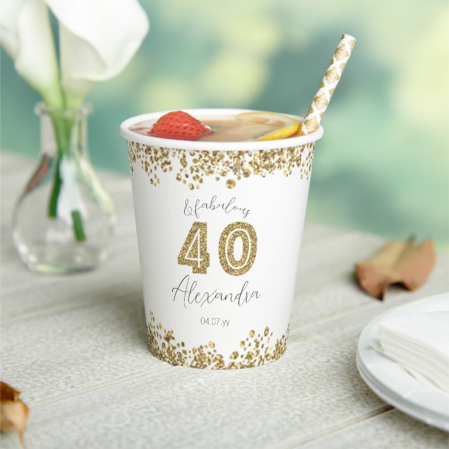 Modern "40 and Fabulous" Gold Gitter Personalised Paper Cups (Insitu)