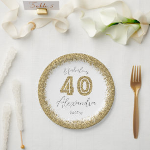 Modern 40 and Fabulous Gold Gitter Personalised Paper Plate