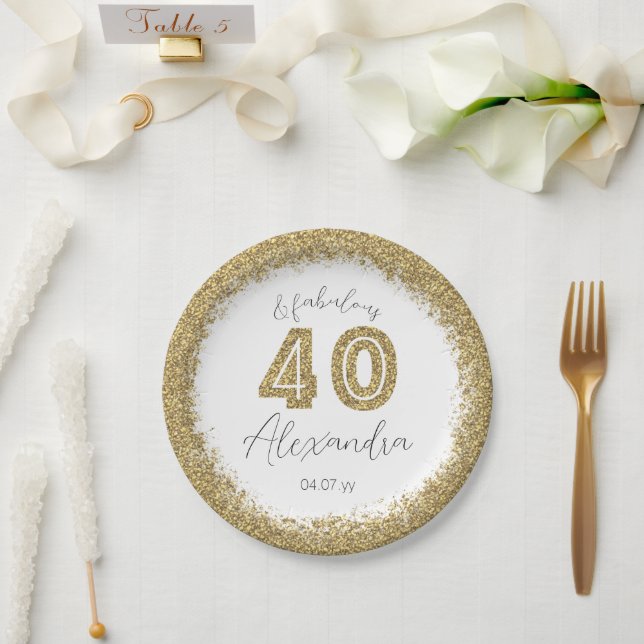 Modern 40 and Fabulous Gold Gitter Personalised Paper Plate (Wedding)