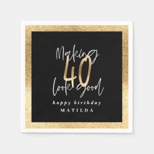 Modern 40 black and gold typography birthday party napkin