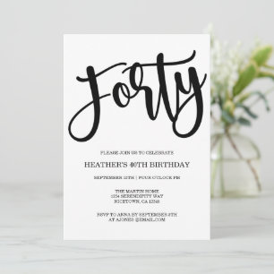 Modern 40th Birthday Black and White  Invitation
