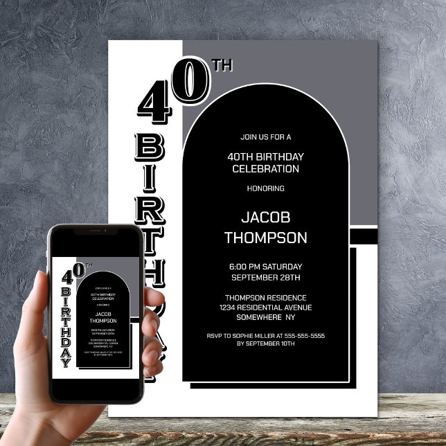Modern 40th Birthday Black Arch Party Invitation (Creator Uploaded)