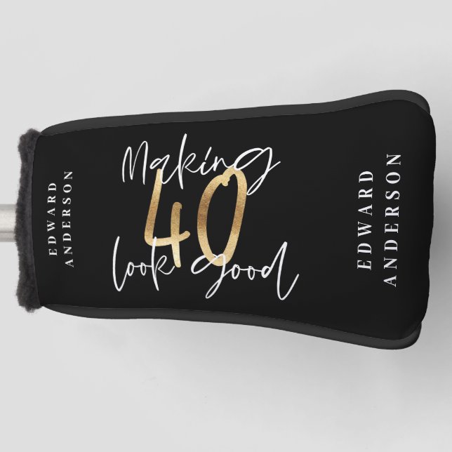 Modern 40th birthday black gold typography golf golf head cover (Front)