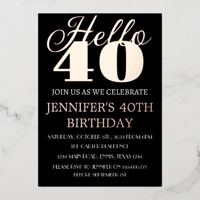 Modern 40th Birthday Black Rose Gold Foil QR Code  (Front)