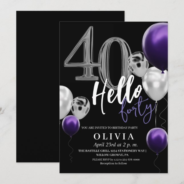 Modern 40th Birthday Black Silver Purple Balloons  Invitation (Front/Back)