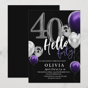 Modern 40th Birthday Black Silver Purple Balloons  Invitation