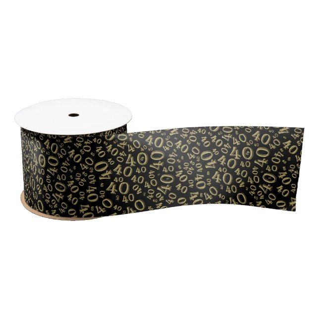 Modern 40th Birthday Number Pattern Black/Gold Satin Ribbon (Spool)