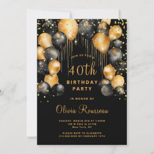 Modern 40th Birthday Party Black Gold  Invitation