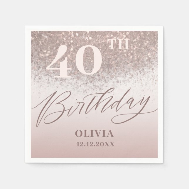 Modern 40th Birthday Party Rose Gold Glitter Napkin (Front)