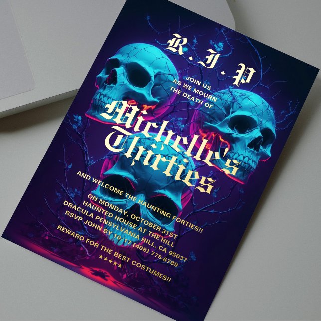 Modern 40th Birthday RIP Thirties Neon Skull (Modern 40th Birthday RIP Thirties Neon Skull Foil Invitation
)