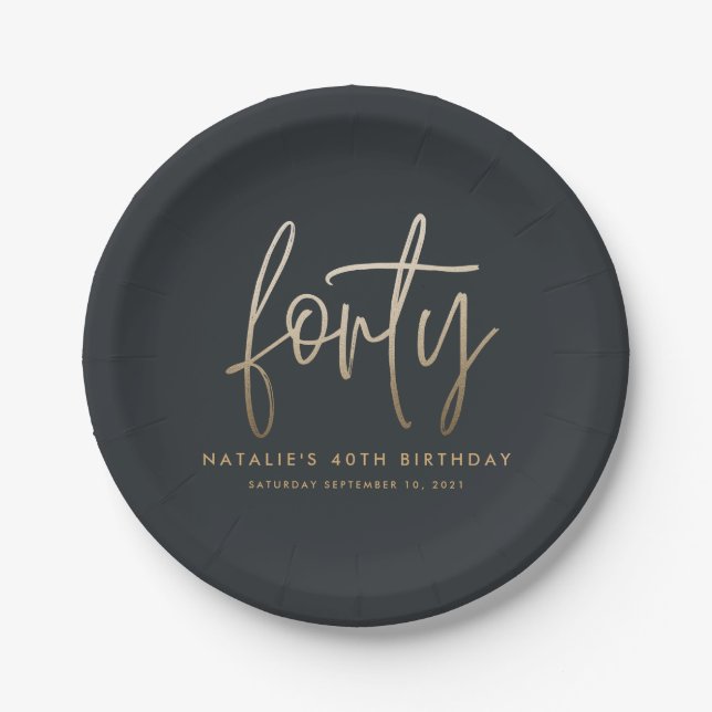 Modern 40th birthday simple stylish elegant script paper plate (Front)