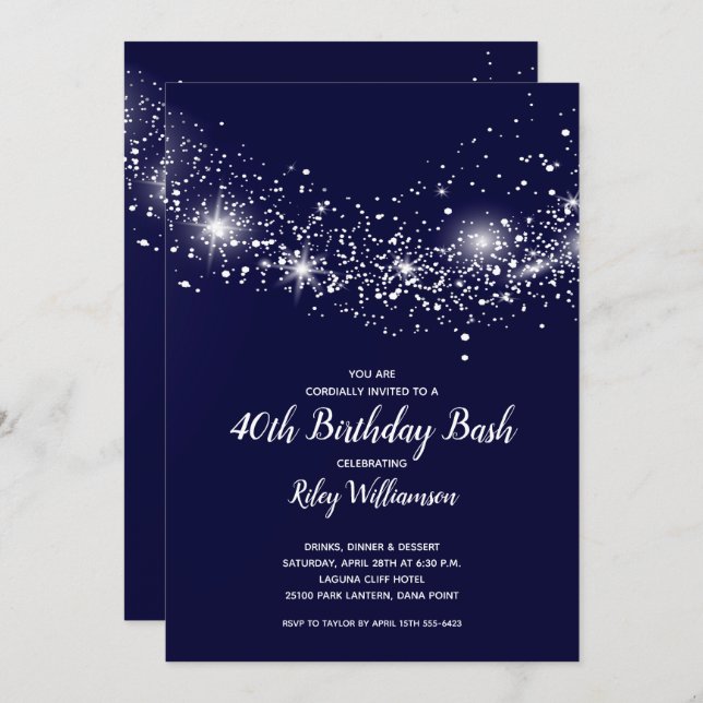 Modern 40th Birthday Stars on Navy Blue Invitation (Front/Back)