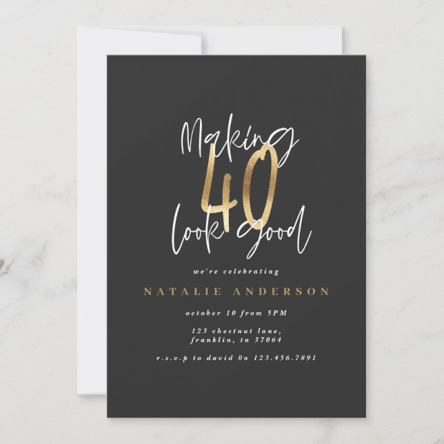 Modern 40th birthday typography black and gold (Front)