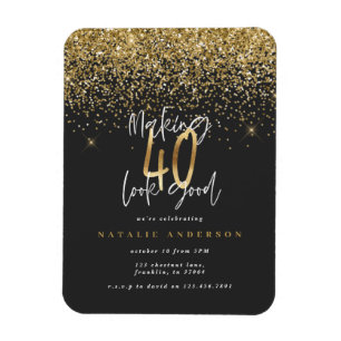 Modern 40th birthday typography glitter gold black magnet