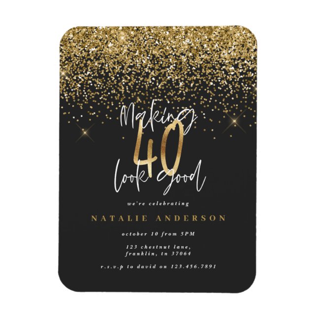Modern 40th birthday typography glitter gold black magnet (Vertical)