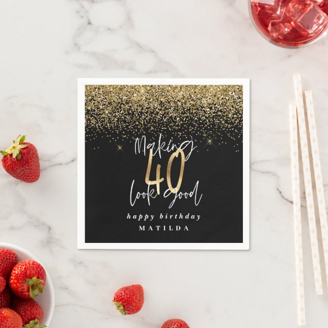 Modern 40th birthday typography gold glitter party napkin (Insitu)