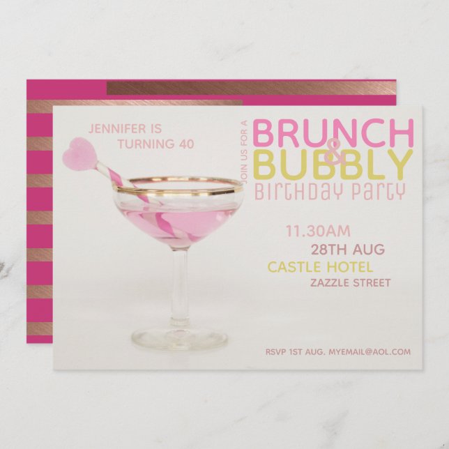 Modern 40th BRUNCH BUBBLY Cocktail PINK GOLD Invitation (Front/Back)