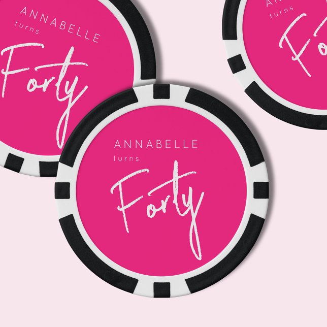 Modern 40th Forty Fortieth birthday Pink Poker Chips (Hot pink custom poker chips for 40th birthday party celebrations.)