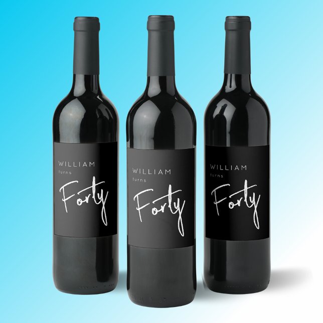 Modern 40th Forty Fortieth men's birthday black Wine Label (Creator Uploaded)