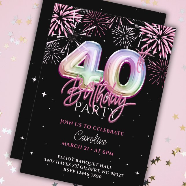 Modern 40th Pink Foil Balloon Fireworks Birthday Invitation (Creator Uploaded)