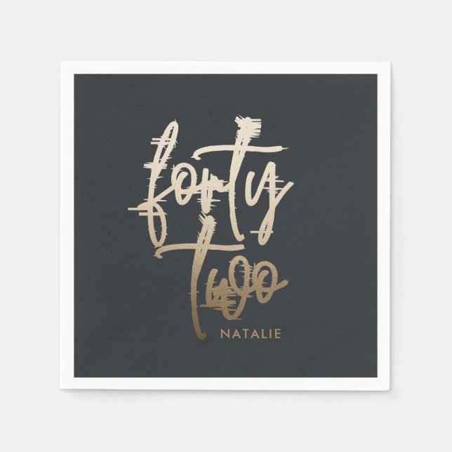 Modern 42nd birthday Black gold elegant script Inv Napkin (Front)