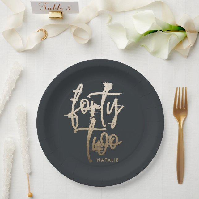 Modern 42nd birthday Black gold elegant script Inv Paper Plate (Wedding)