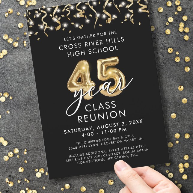 Modern 45 Year Class Reunion Black Gold Streamers Invitation (Creator Uploaded)