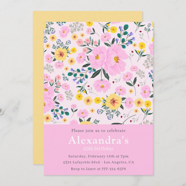 Modern 45th birthday invitations Boho Floral Chic (Front/Back)
