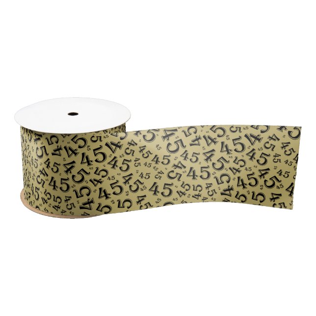 Modern 45th Birthday Number Pattern Gold/Black Satin Ribbon (Spool)