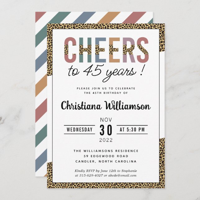 Modern 45th Birthday Party Leopard Print Elegant Invitation (Front/Back)