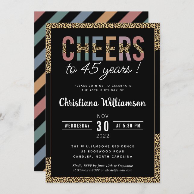 Modern 45th Birthday Party Leopard Print Elegant Invitation (Front/Back)