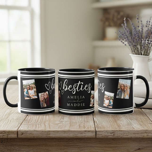 Modern 4 Photo Besties Black and White  Mug (Modern 4 Photo Besties Black and White Mug Front, right and left sides shown.)