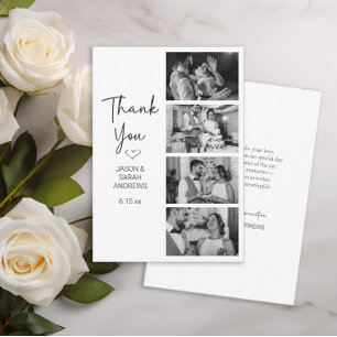 Modern 4 Photo Black White Filmstrip Wedding  Thank You Card