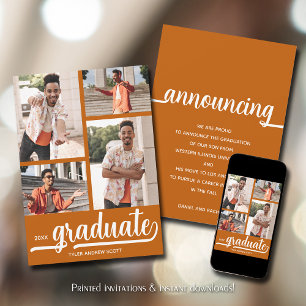 Modern 4 Photo Burnt Orange Graduation Announcement