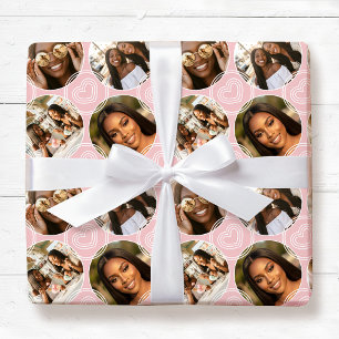 Modern 4 Photo Collage Circle Heart Blush Pink Wrapping Paper