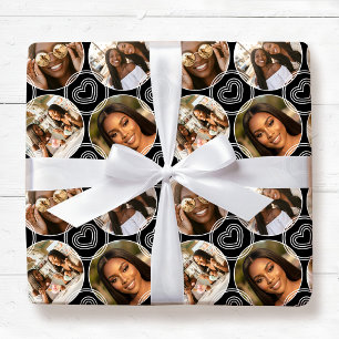 Modern 4 Photo Collage Circle Heart Pattern Black Wrapping Paper