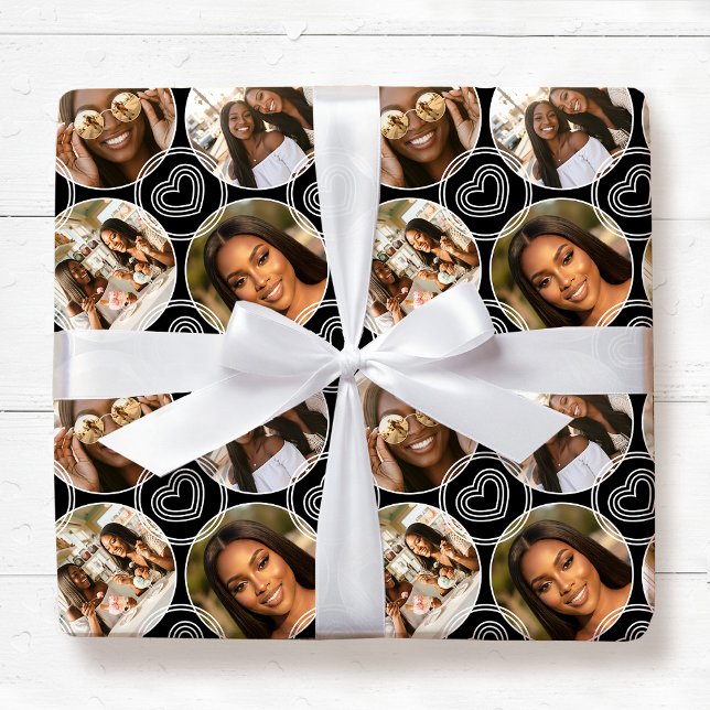 Modern 4 Photo Collage Circle Heart Pattern Black Wrapping Paper (Creator Uploaded)