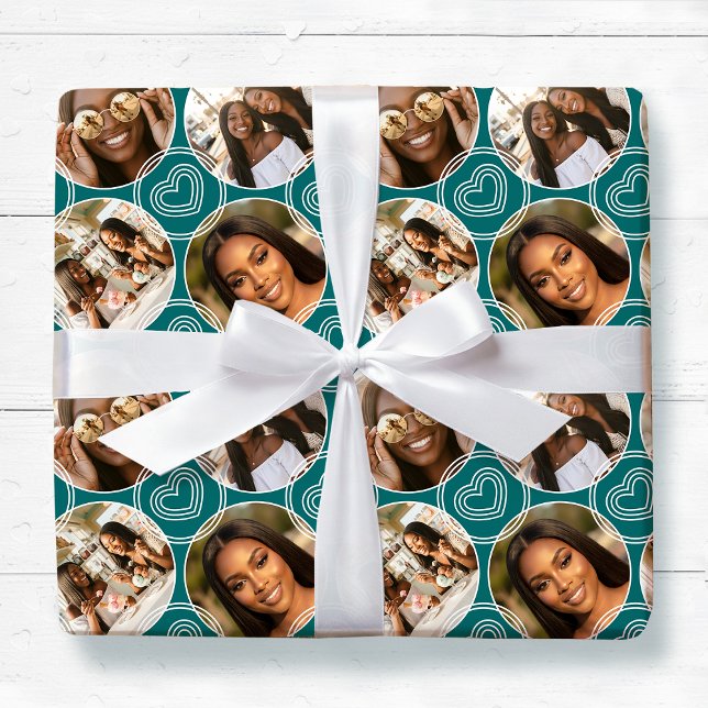 Modern 4 Photo Collage Circle Heart Pattern Green Wrapping Paper (Creator Uploaded)