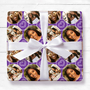 Modern 4 Photo Collage Circle Heart Pattern Purple Wrapping Paper