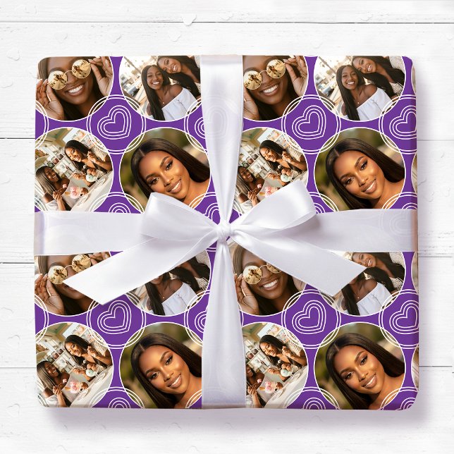 Modern 4 Photo Collage Circle Heart Pattern Purple Wrapping Paper (Creator Uploaded)