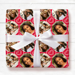 Modern 4 Photo Collage Circle Heart Pattern Red Wrapping Paper