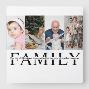 Modern 4 Photo Collage Family christmas Quote Square Wall Clock